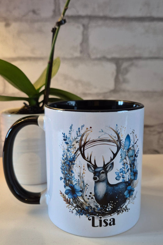 Personalised Blue Stag and Flower Mug