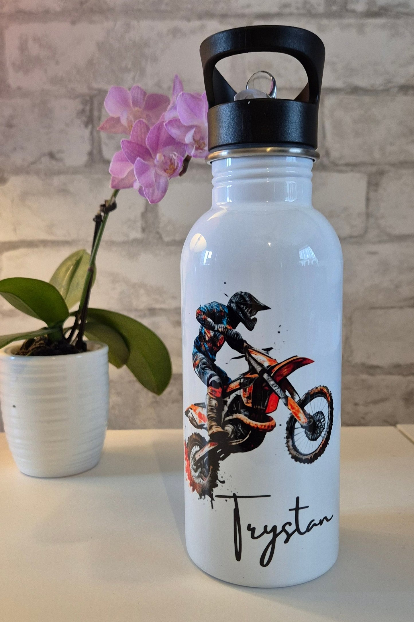 Motocross Personalised Flip Straw Insert Bottle 600ml